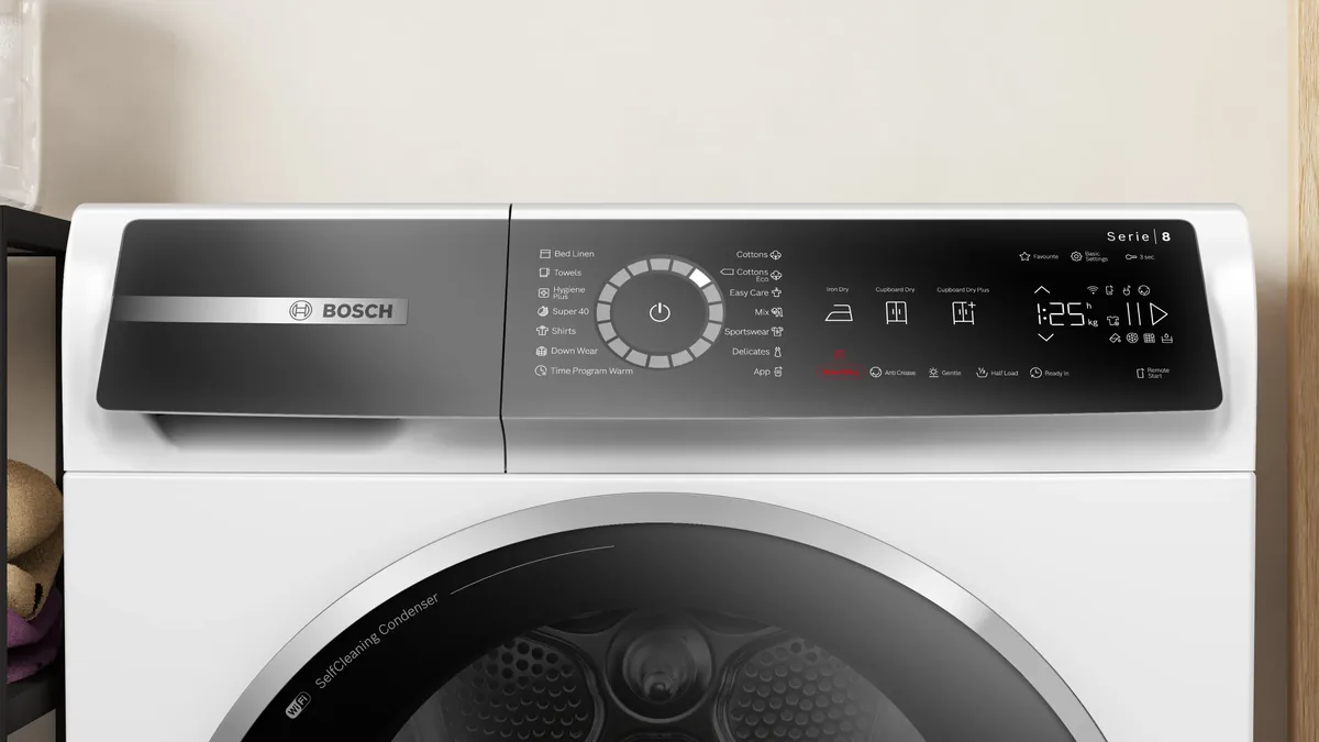 Жылуулук насосу бар кургаткыч машина Bosch 9 кг, ак